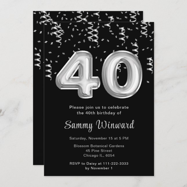 40th Birthday Silver Balloons with Confetti Invitation (Front/Back)