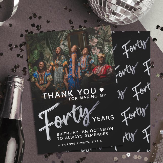 40th birthday silver black forty script text  thank you card (Creator Uploaded)