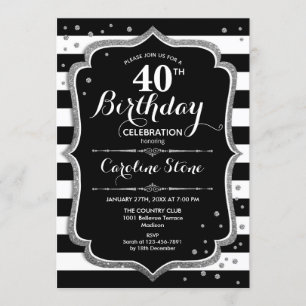 40th Birthday - Silver Black White Stripes Invitation