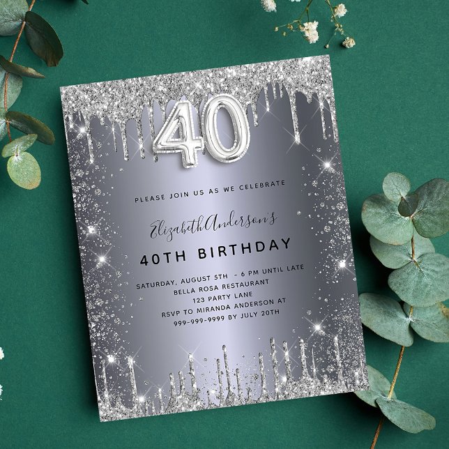 40th birthday silver glitter budget invitation flyer (Creator Uploaded)