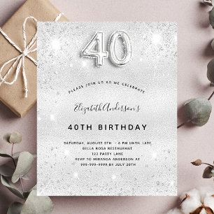 40th birthday silver glitter budget invitation flyer