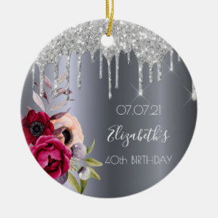 40th birthday silver glitter drips floral burgundy ceramic ornament