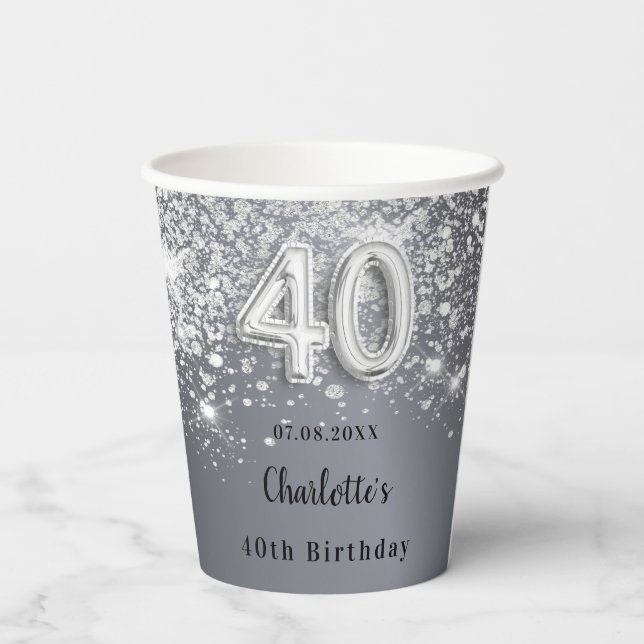 40th birthday silver glitter monogram paper cups (Back)