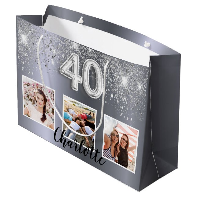40th birthday silver glitter photo monogram large gift bag (Back Angled)