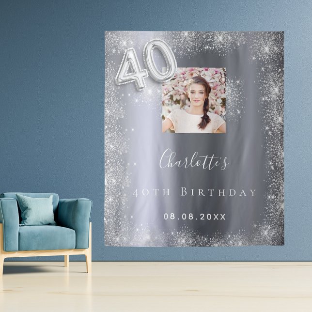 40th birthday silver glitter photo welcome tapestry (Creator Uploaded)