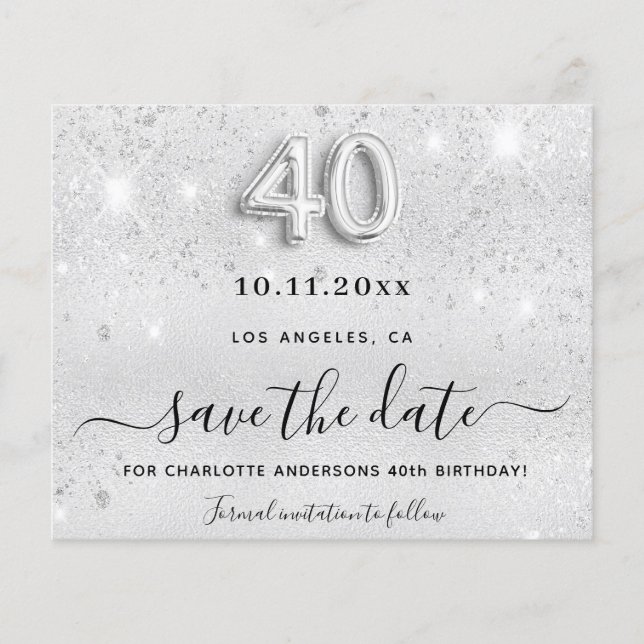 40th birthday silver glitter save the date flyer (Front)