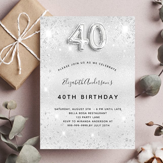 40th birthday silver glitter sparkles glamrous invitation (Creator Uploaded)