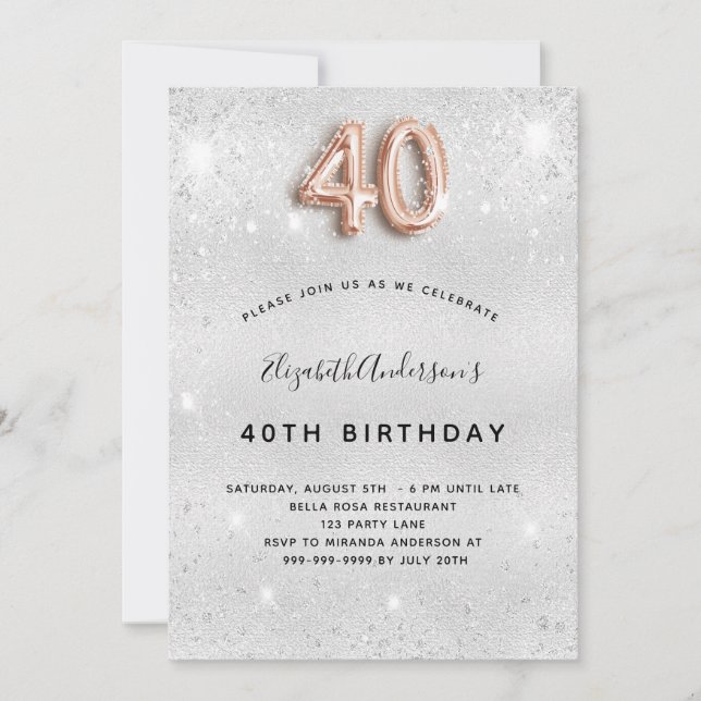 40th birthday silver gold glitter invitation (Front)
