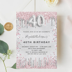 40th birthday silver pink metal glitter dust invitation