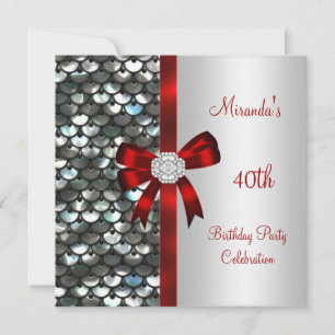 40th Birthday Silver Sequins Red Diamond Bow Invitation