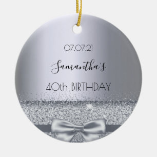 40th birthday silver sparkle bow metallic ceramic ornament