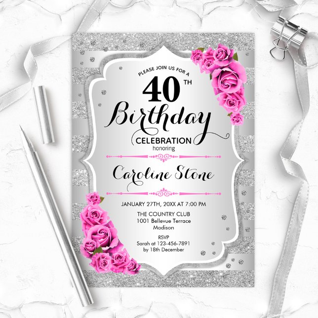 40th Birthday - Silver Stripes Pink Roses Invitation (Creator Uploaded)