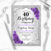 40th Birthday - Silver Stripes Purple Roses
