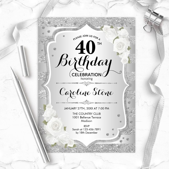 40th Birthday - Silver Stripes White Roses Invitation (Creator Uploaded)