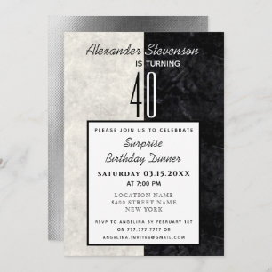 40th Birthday Simple Black and White Marble Invitation