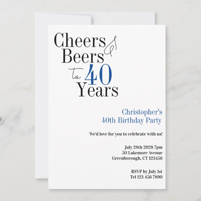 40th Birthday Simple Cheers Beers Party Invitation (Front)