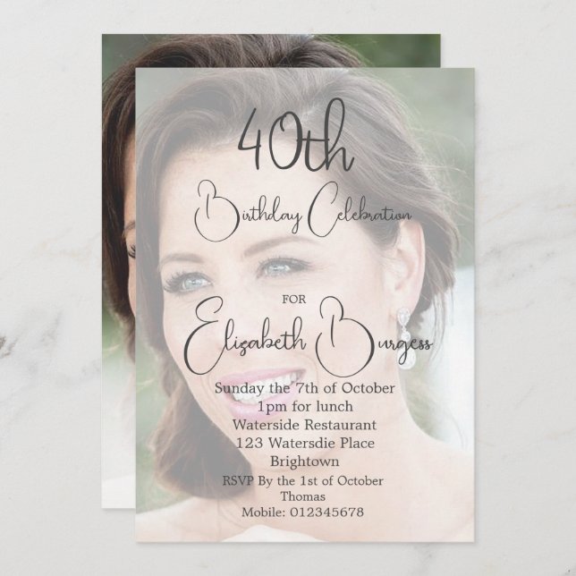 40th Birthday Simple Elegant Photo Invitation (Front/Back)