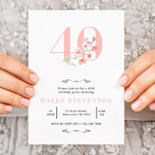 40th Birthday Simple Pink & White Floral Chic Invitation