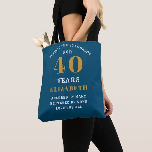 40th Birthday Standards Blue Gold Add Your Name Tote Bag (Close Up)
