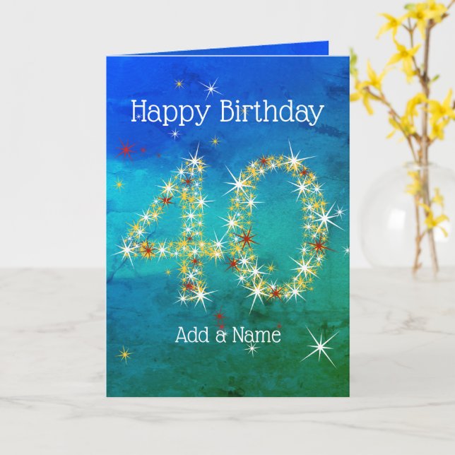 40th Birthday - Star Numbers - Blue Green - Age 40 Card (Yellow Flower)