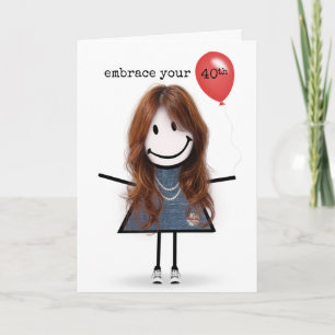 40th Birthday Stick Figure Girl with Red Balloon Card