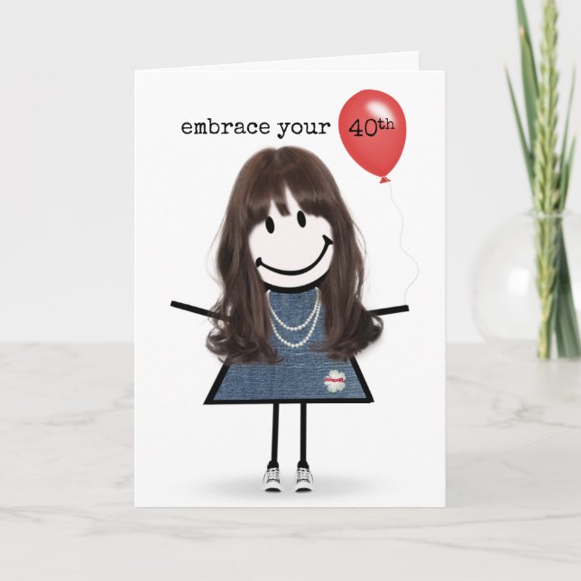 40th Birthday Stick Figure Girl with Red Balloon Card (Front)