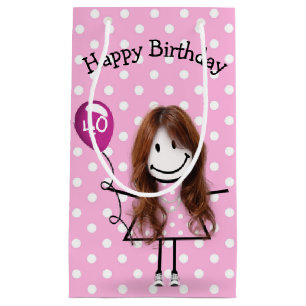 40th Birthday Stick Girl with Pink Balloon Small Gift Bag
