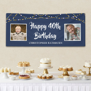 40th Birthday String Lights Name Blue Banner