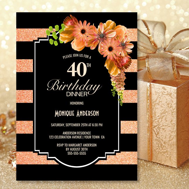 40th Birthday Striped Coral Floral Dinner Party Invitation (Creator Uploaded)