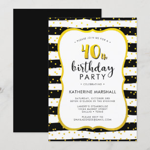40th Birthday Striped Gold and Black Invitation