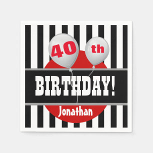 40th Birthday Stripes and Balloon BLACK RED A07 Napkin