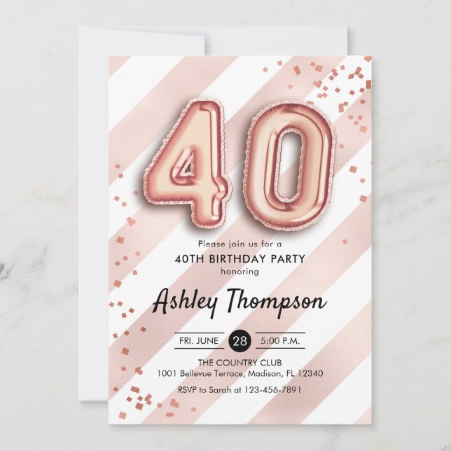 40th Birthday - Stripes Rose Gold Balloons Invitation (Front)