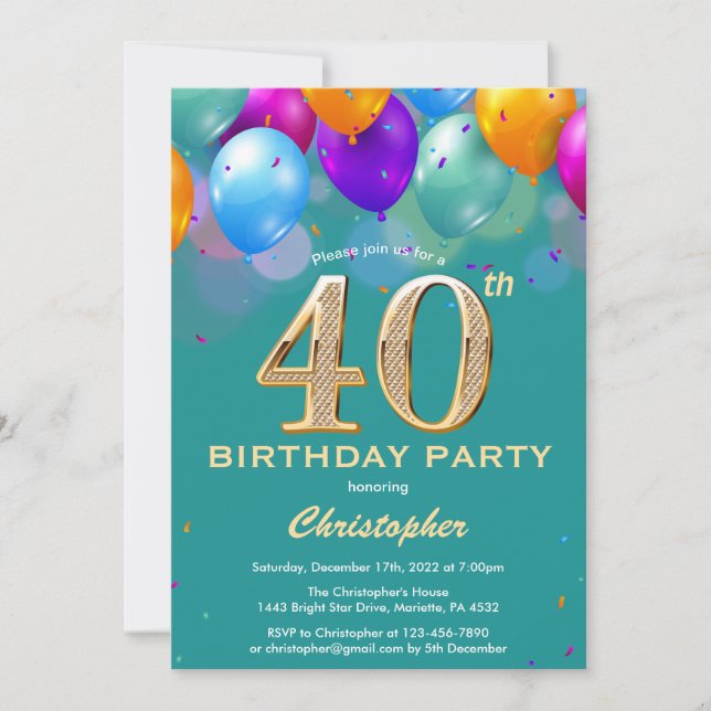 40th Birthday Teal and Gold Colourful Balloons Invitation (Front)