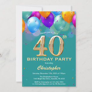40th Birthday Teal and Gold Colourful Balloons Invitation