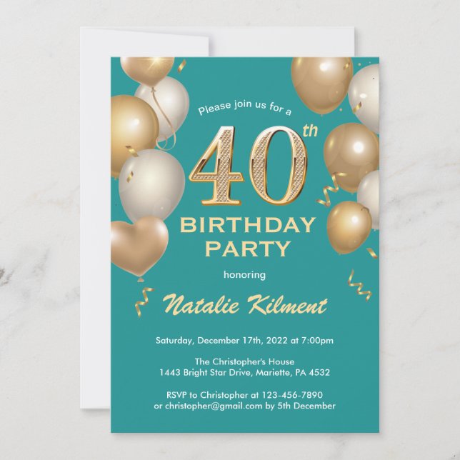 40th Birthday Teal and Gold Glitter Balloons Invitation (Front)