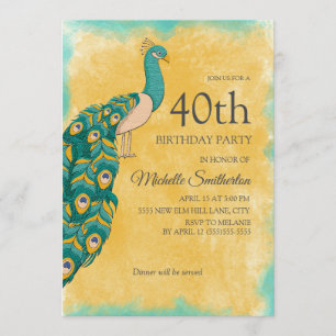 40th Birthday Teal Yellow Watercolor Peacock Invitation