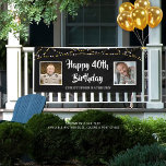 40th Birthday Then & Now Photos Lights Black Banner<br><div class="desc">Celebrate a 40th birthday and welcome party guests with this editable black banner sign featuring two photos (perhaps Then and Now pictures) of him or her, the title HAPPY 40TH BIRTHDAY in a brush stroke typography, personalised with their name and accented with gold and white string lights. CHANGES: The black...</div>