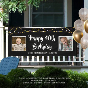 40th Birthday Then & Now Photos Lights Black Banner