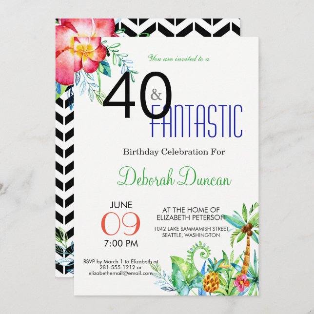 40th Birthday Tropical Floral Party Invitation (Front/Back)