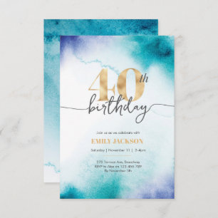 40th birthday Turquoise watercolor gold invitation