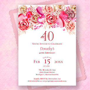 40th Birthday Valentine Pink Rose Swirly Heart Invitation