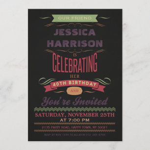 40th Birthday Vintage Chalkboard Typography Invitation
