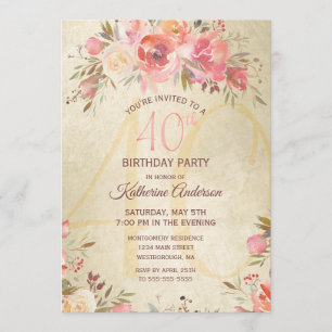40th Birthday Vintage Floral Pink Roses Gold Party Invitation
