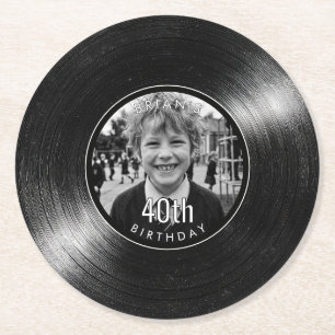 40th Birthday Vinyl Look Black Paper Coaster