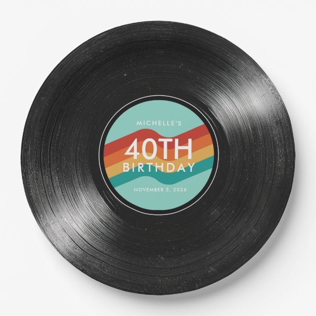 40th Birthday Vinyl Record Retro Paper Plate (Front)