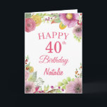40th Birthday Watercolor Floral Flowers Pink Card<br><div class="desc">40th Birthday Watercolor Floral Flowers Pink Card with personalised name and age. For further customisation,  please click the "Customise it" button and use our design tool to modify this template.</div>