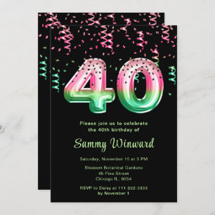 40th Birthday Watermelon Balloons with Confetti Invitation