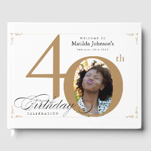 40th Birthday White Gold Calligraphy Custom Photo Guest Book