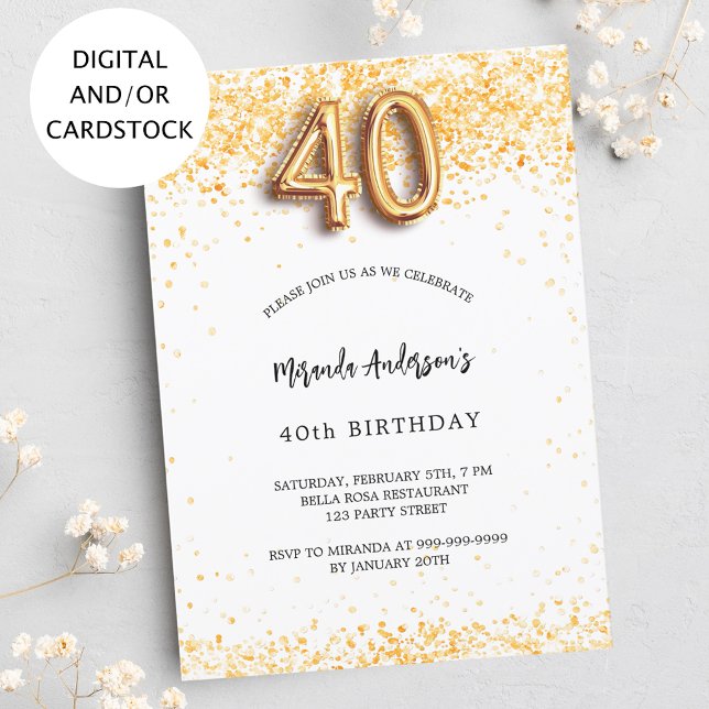 40th birthday white gold confetti elegant invitation (Creator Uploaded)