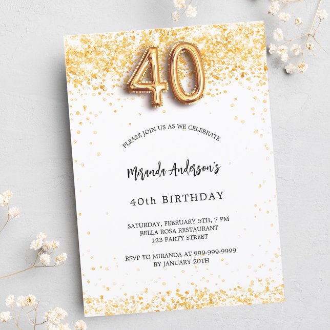 40th birthday white gold confetti elegant invitation postcard (Creator Uploaded)